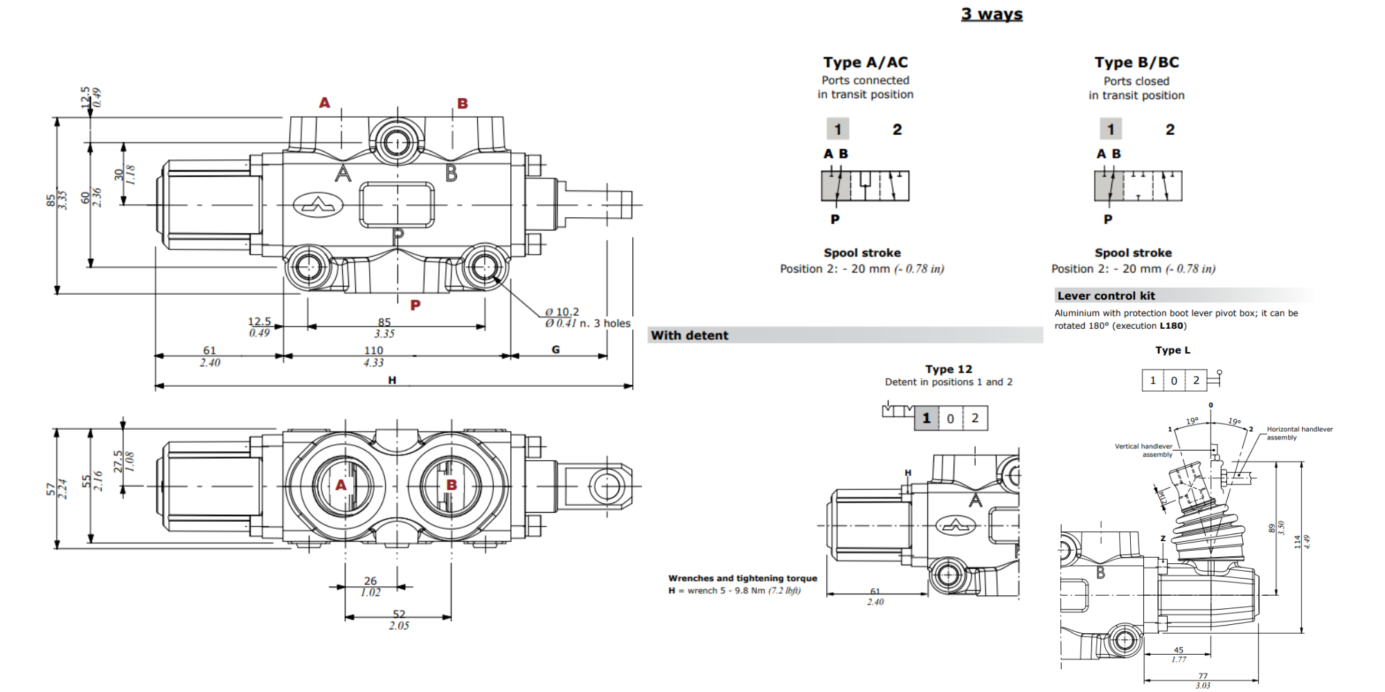 Walvoil, DF20/3A12L, 3 Way, 3/4 BSP Ports, Open Centre, Detent, Lever Control, Manual Spool Diverter Valve